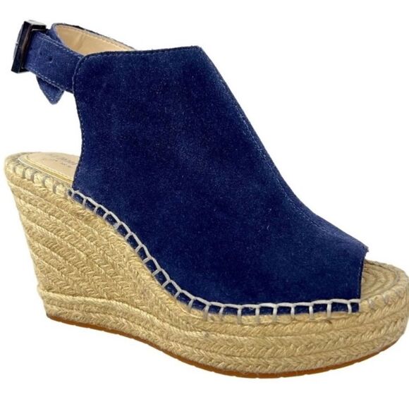 #328 KENNETH COLE Navy Suede Wedge Sandals - Picture 2 of 9